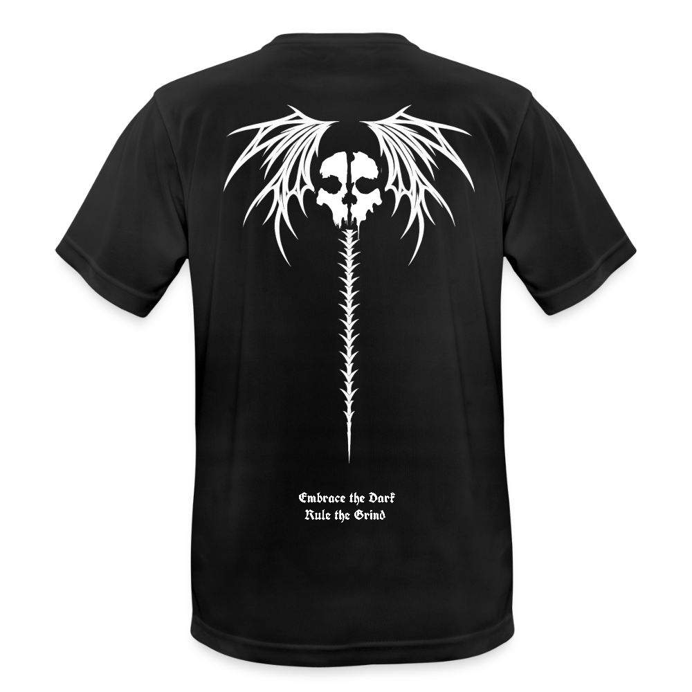 Schwarzes Babayagaclo Tech-Shirt mit großem weißen Totenkopf-Rückenprint, Flügel-Design und dem Schriftzug ‚Embrace the Dark, Rule the Grind‘
